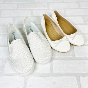 Cat & Jack Girls White Shoes Bundle: Slip On Sneakers + Ballet Flats -‎ Size 3